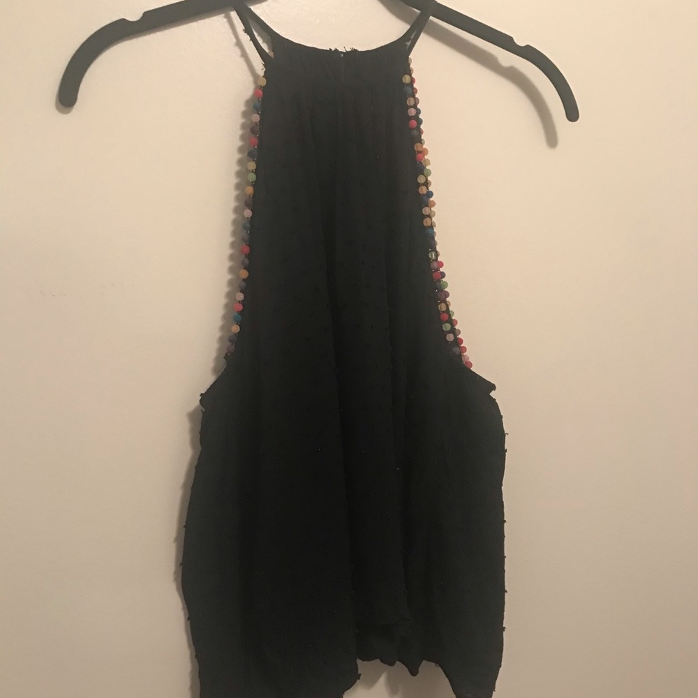Black Top with Rainbow Pom Pom’s - Size Medium